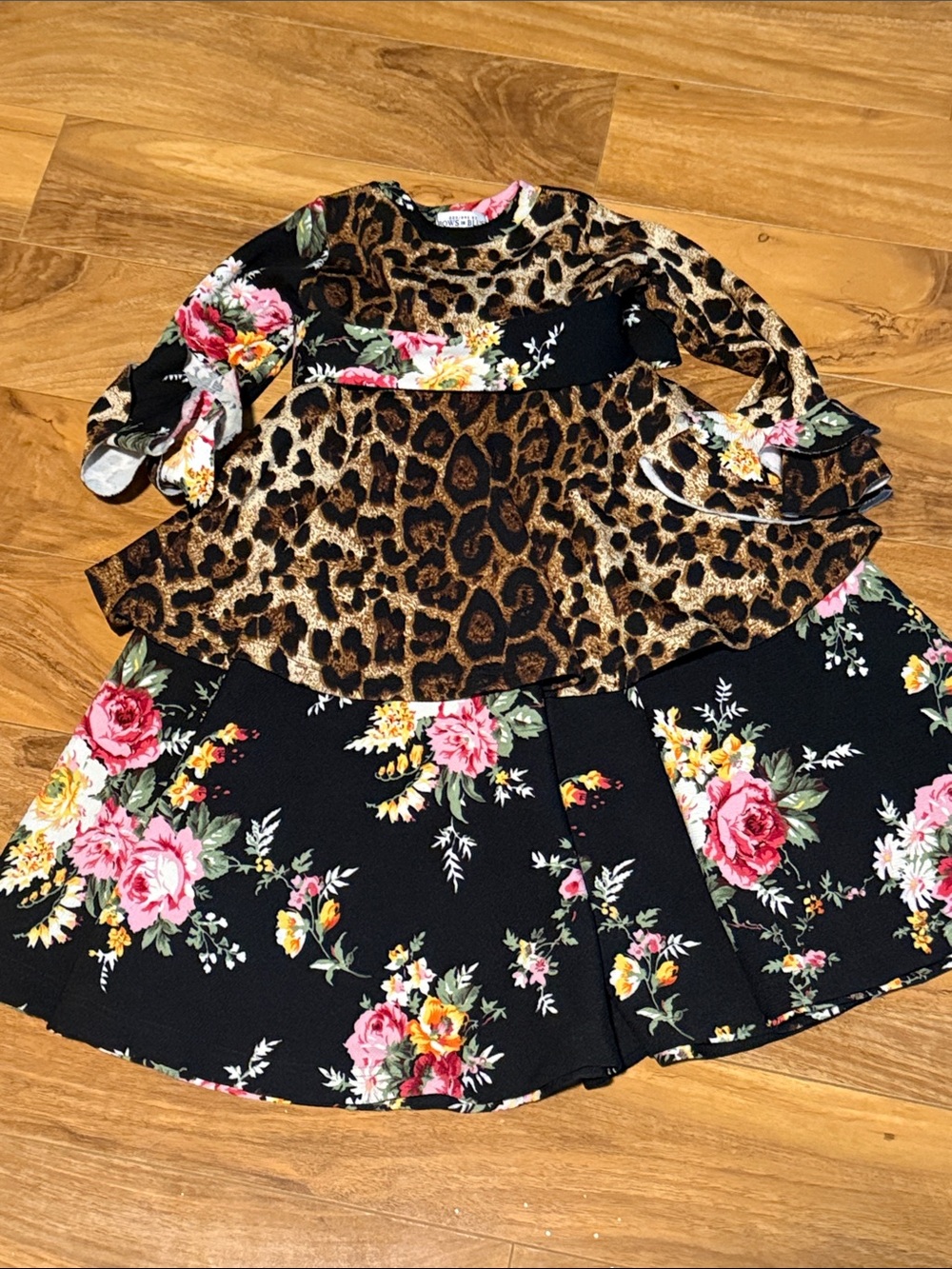 Girls Black Floral & Leopard Print Mixed Dress